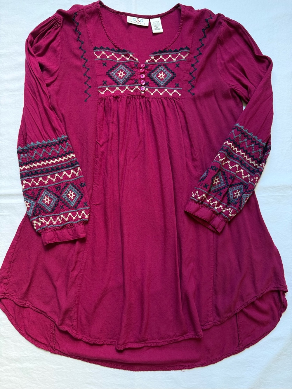 Embroidered Split-Neck Peasant Tunic - Raspberry - Picture 2 of 6